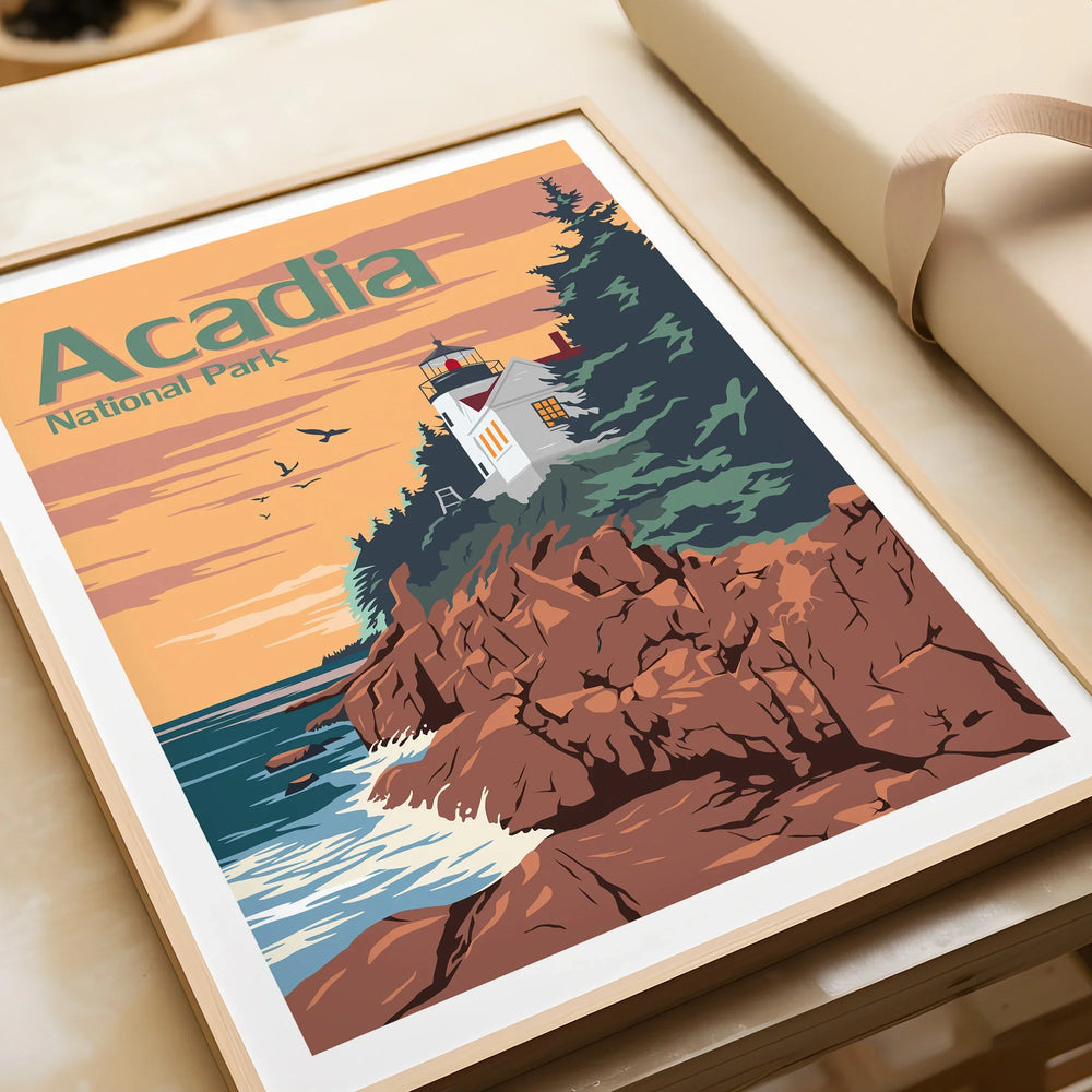 Framed Acadia National Park art print with lighthouse, rocky coast, and sunset colors.