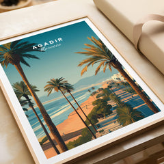 Agadir Travel Poster Print Morocco - Palm Trees vibrant wall art featuring palm trees and a sunny beach scene.