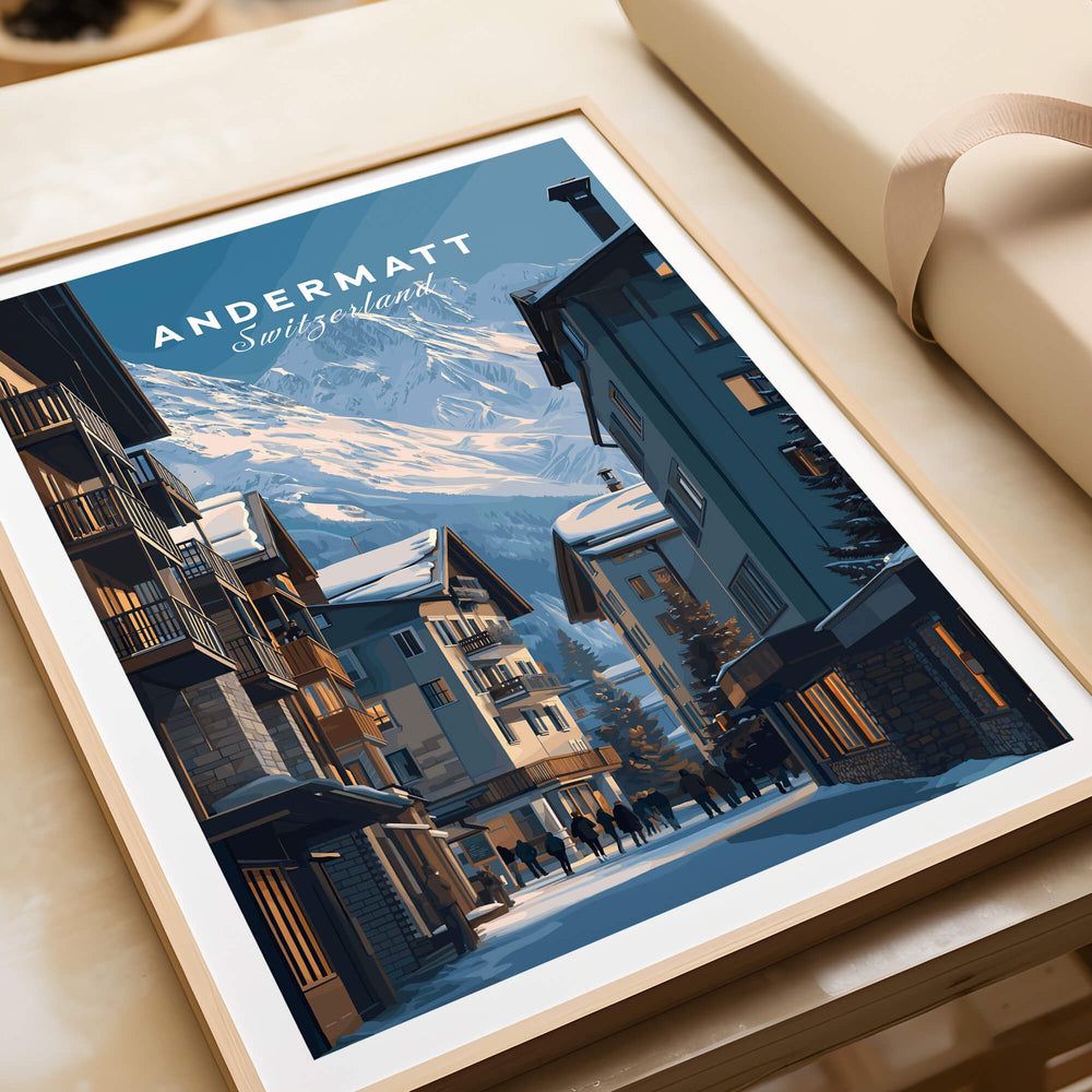 Andermatt Travel Poster – Swiss Alps Winter Village and Chalet Print showcasing a picturesque snow-covered village.