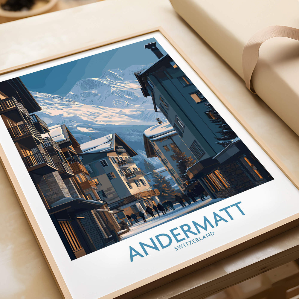 Andermatt Switzerland Wall Art Print showcasing the picturesque village and snowy peaks in the Swiss Alps.
