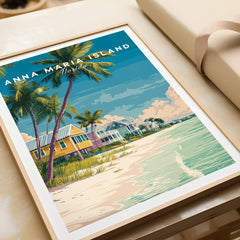 Anna Maria Island Florida framed art print with beach houses, palm trees, and ocean view