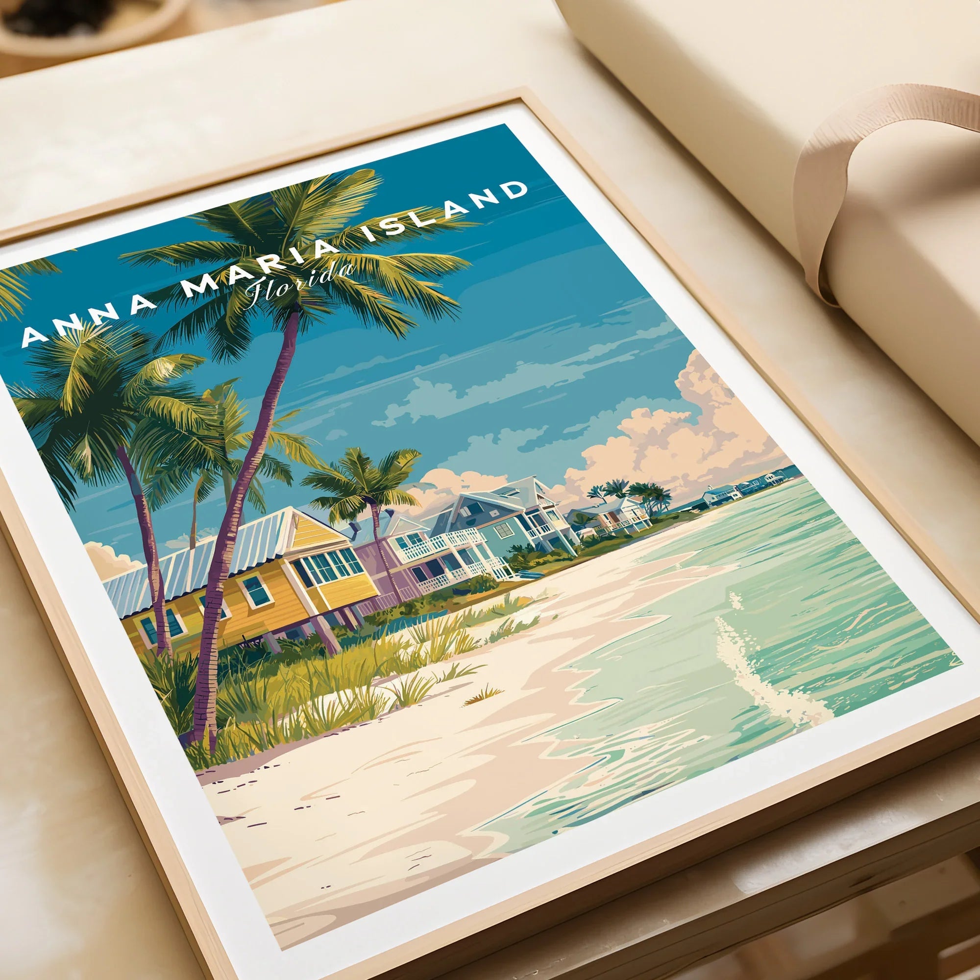Anna Maria Island Florida framed art print with beach houses, palm trees, and ocean view