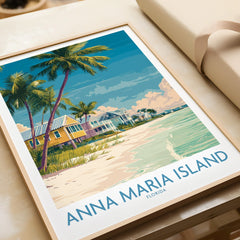 Framed Anna Maria Island Florida travel poster print featuring beach, palm trees, and houses
