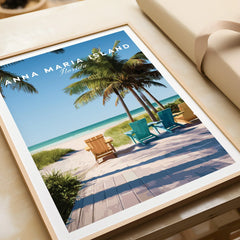 Anna Maria Island Florida framed art print featuring palm trees and colorful beach chairs on a sunny shoreline.