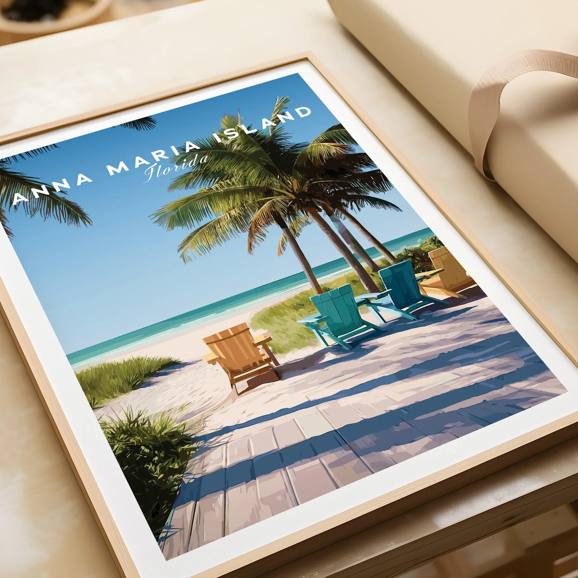Anna Maria Island Florida framed art print featuring palm trees and colorful beach chairs on a sunny shoreline.
