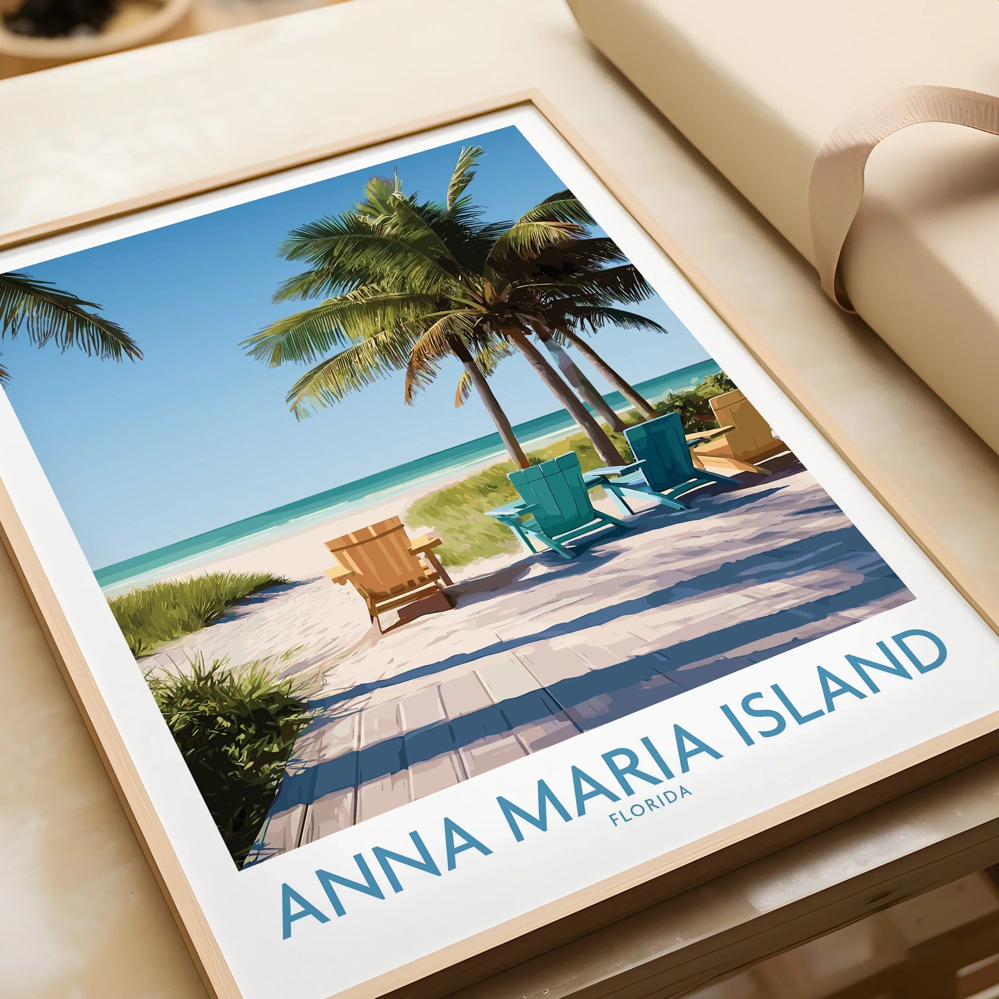 Framed Anna Maria Island Florida art print featuring beach, palm trees, and colorful chairs