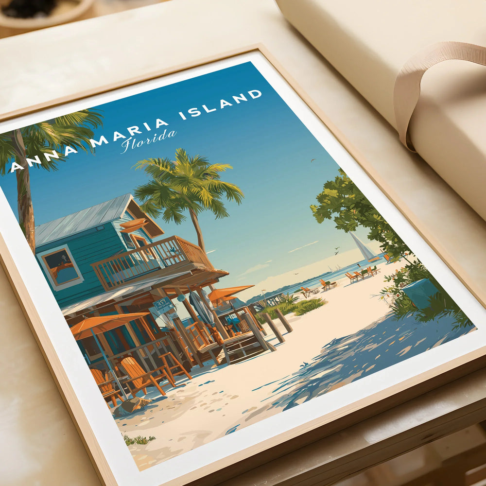 Anna Maria Island Florida beach art print in natural frame, unwrapped, coastal decor