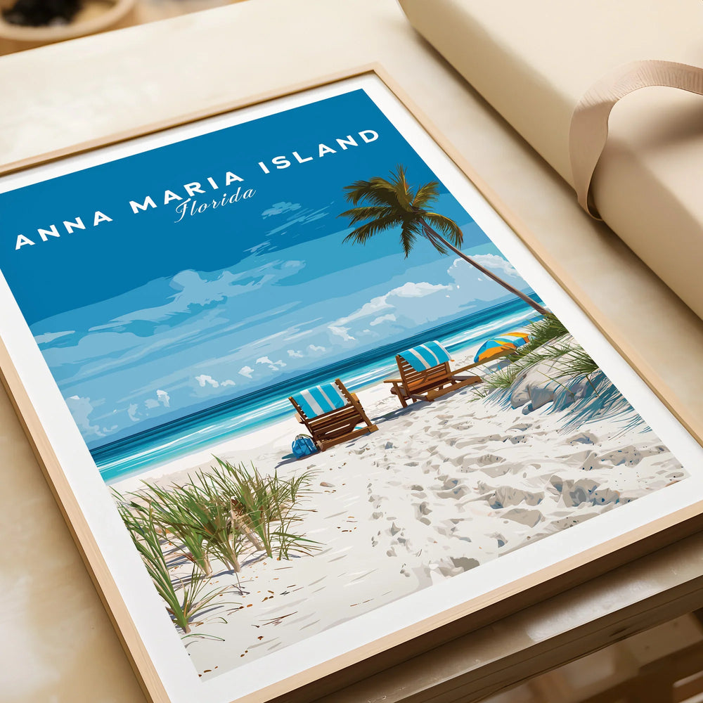 Framed Anna Maria Island Florida beach art print with palm tree and chairs, close-up view