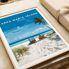 Framed Anna Maria Island Florida beach art print with palm tree and chairs, close-up view