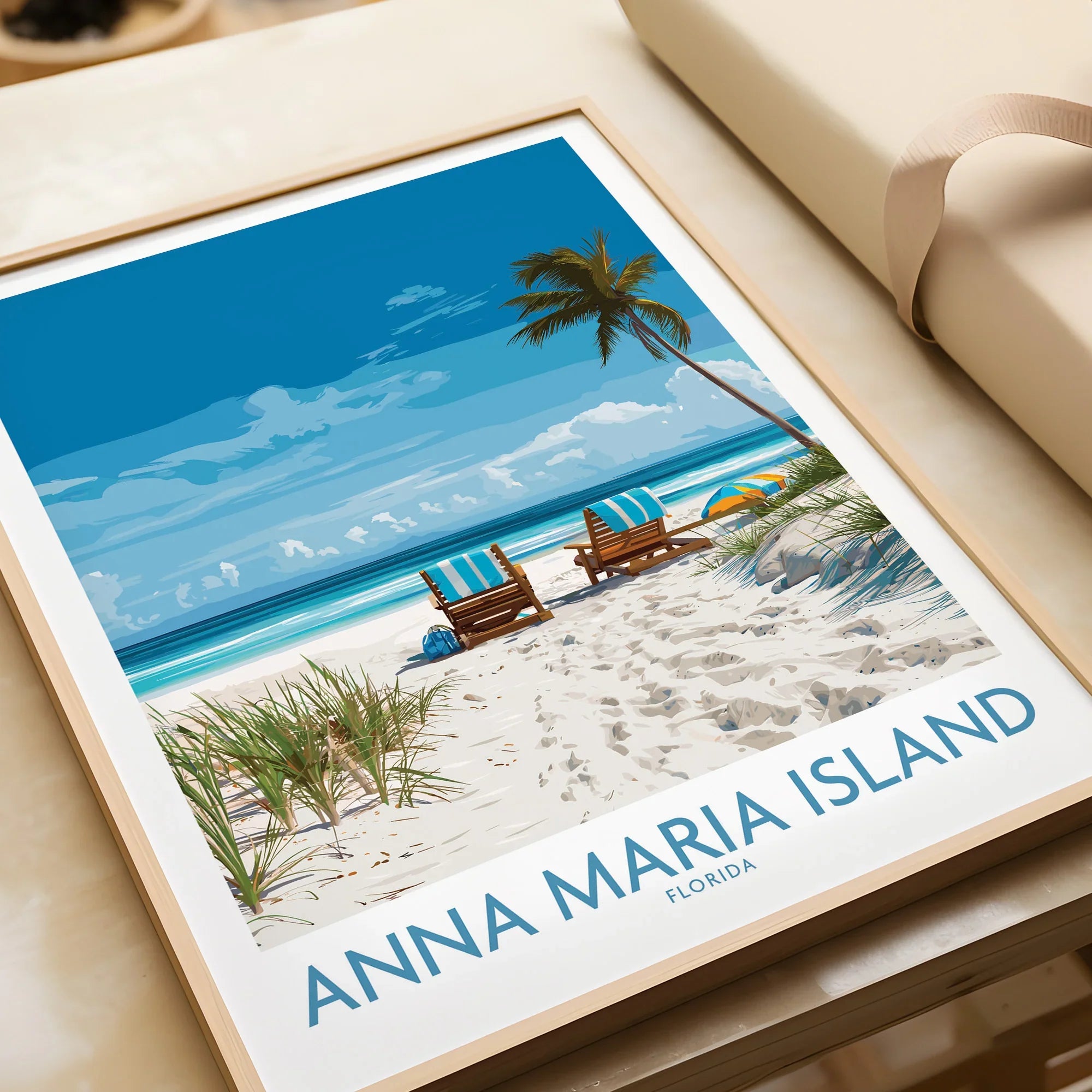 Anna Maria Island Florida framed art print with beach scene, palm tree, and chairs closeup