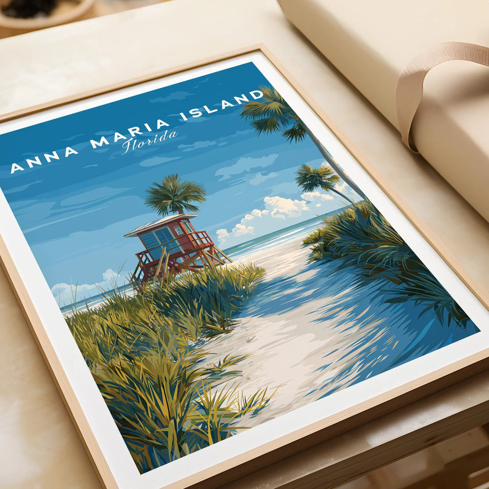 Anna Maria Island Florida art print with beach, lifeguard tower, and palm trees in natural wood frame