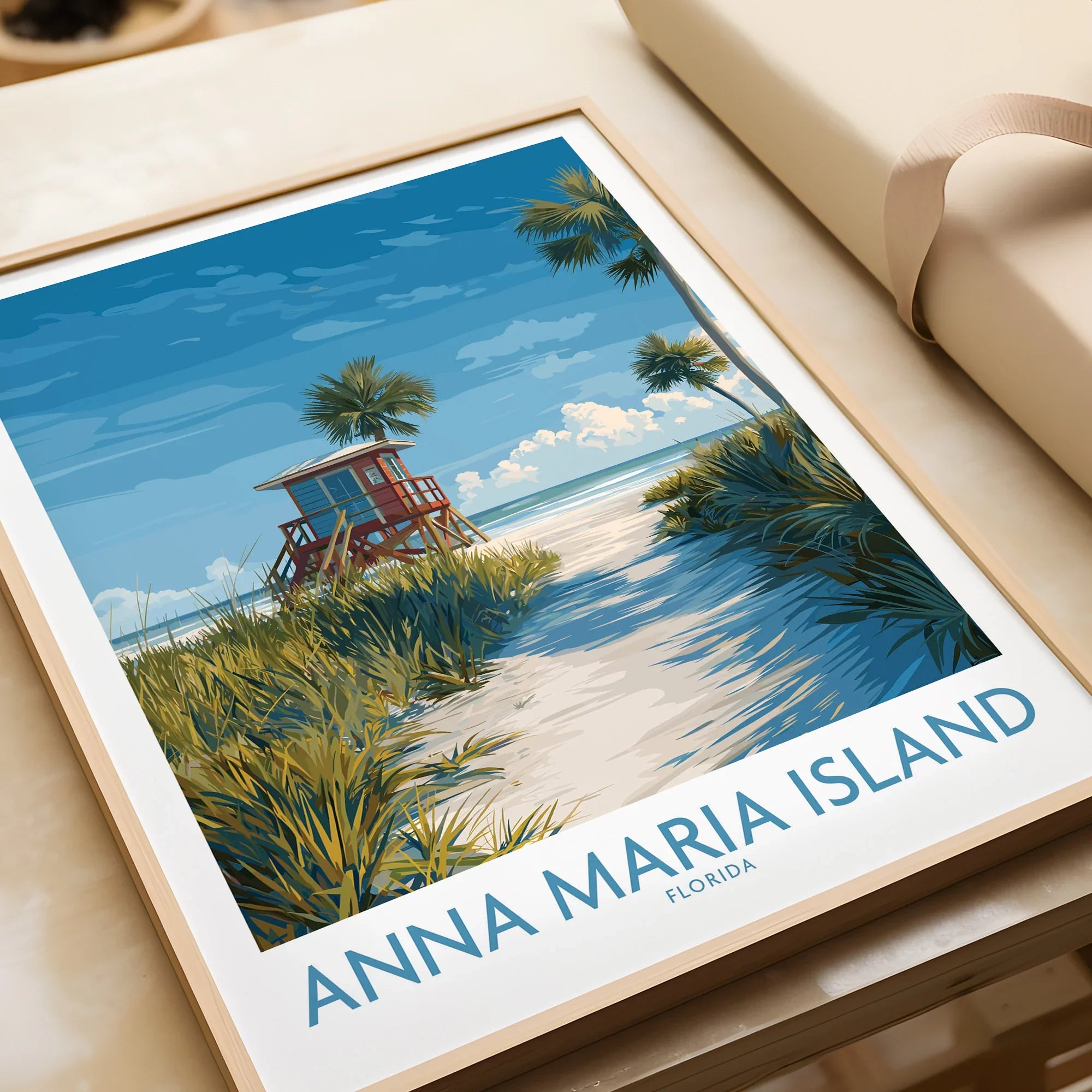 Anna Maria Island Florida framed art print featuring a beach, lifeguard tower, and palm trees