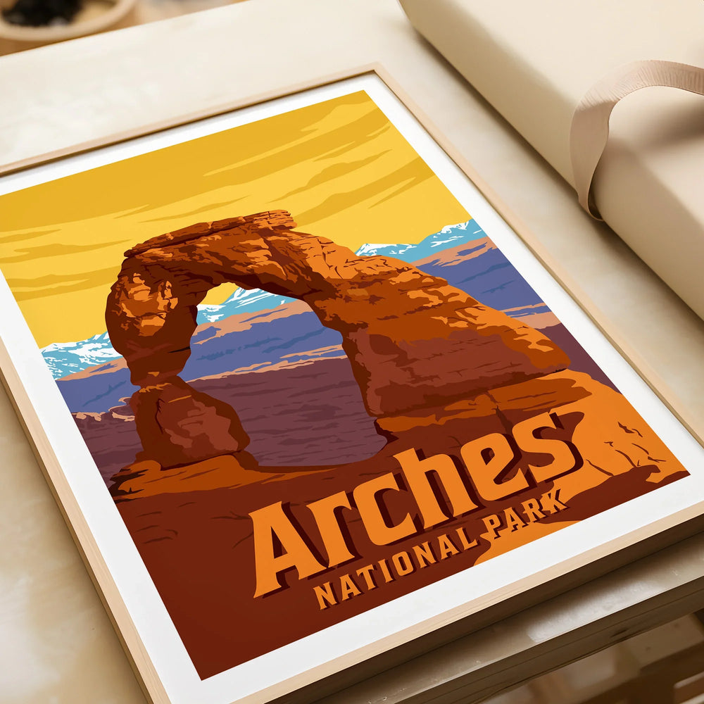 Framed Arches National Park art print gift, featuring a vibrant desert landscape illustration.
