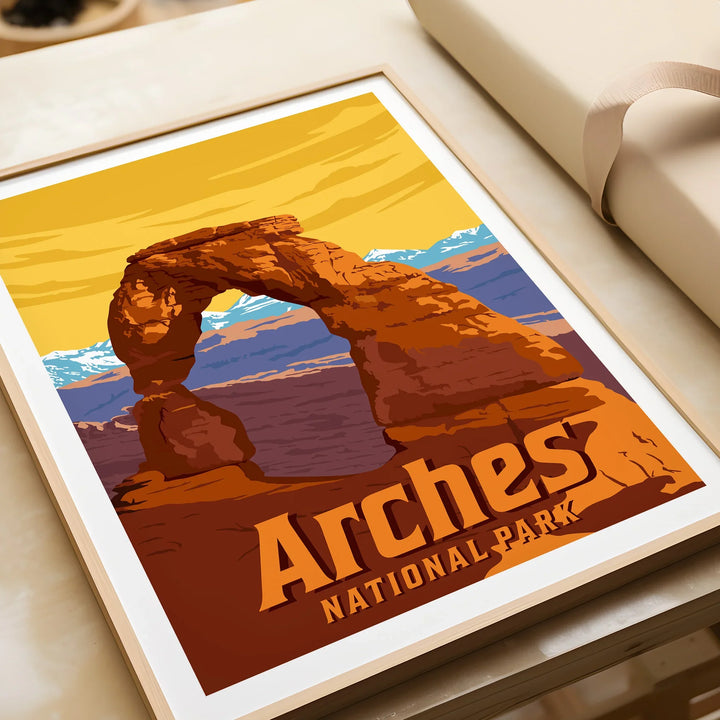 Framed Arches National Park art print gift, featuring a vibrant desert landscape illustration.