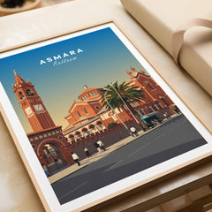 Asmara Travel Poster – Eritrea Cathedral and Bell Tower Art Print featuring vibrant city scene and iconic architecture.