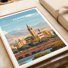 Asmara Travel Poster – Cityscape Skyline and Mountain Landscape Art Print featuring an elegant architectural view in vibrant colors.