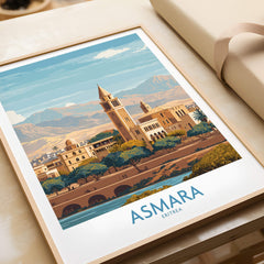 Asmara Eritrea Wall Art – Travel Poster featuring a vibrant illustration of Asmara's architecture and landscapes.