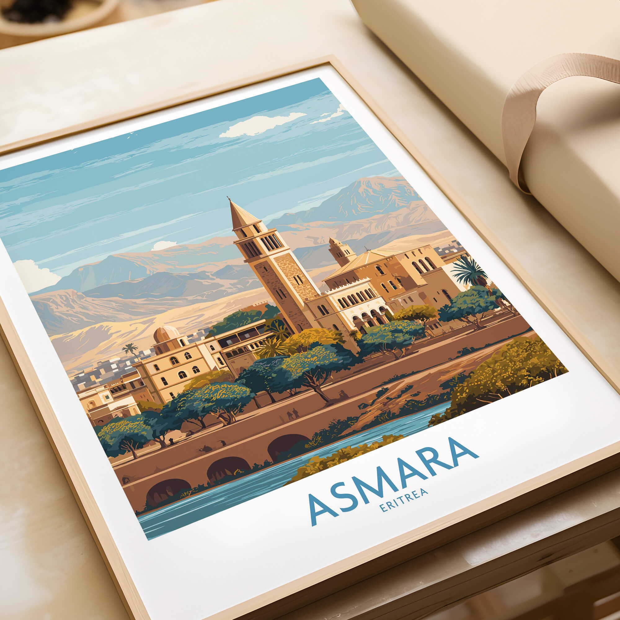 Asmara Eritrea Wall Art – Travel Poster featuring a vibrant illustration of Asmara's architecture and landscapes.