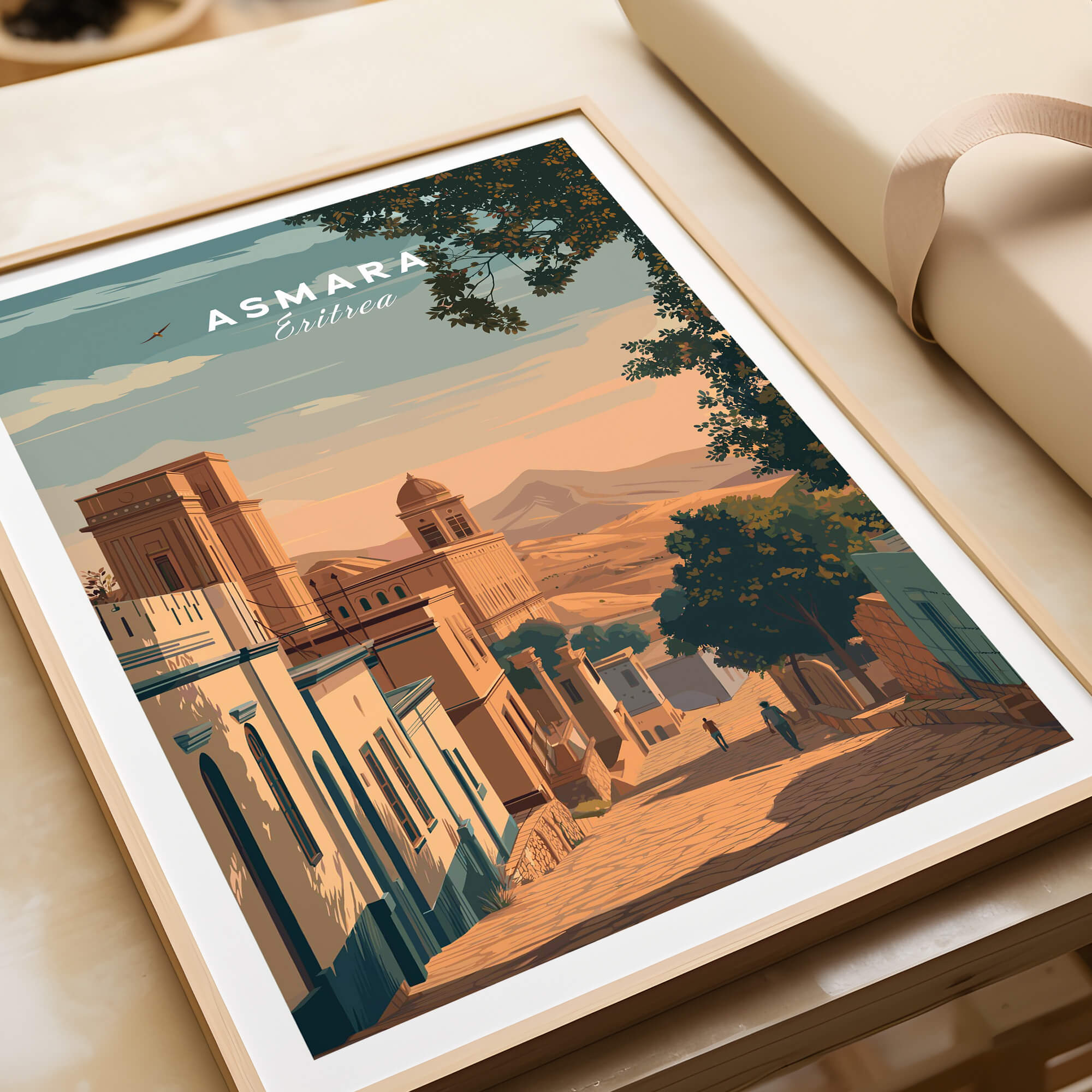 Asmara Travel Poster – Sunset Cityscape Art Print featuring an architectural view of Asmara at dusk.