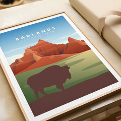 Framed Badlands National Park art print featuring bison silhouette and colorful landscape
