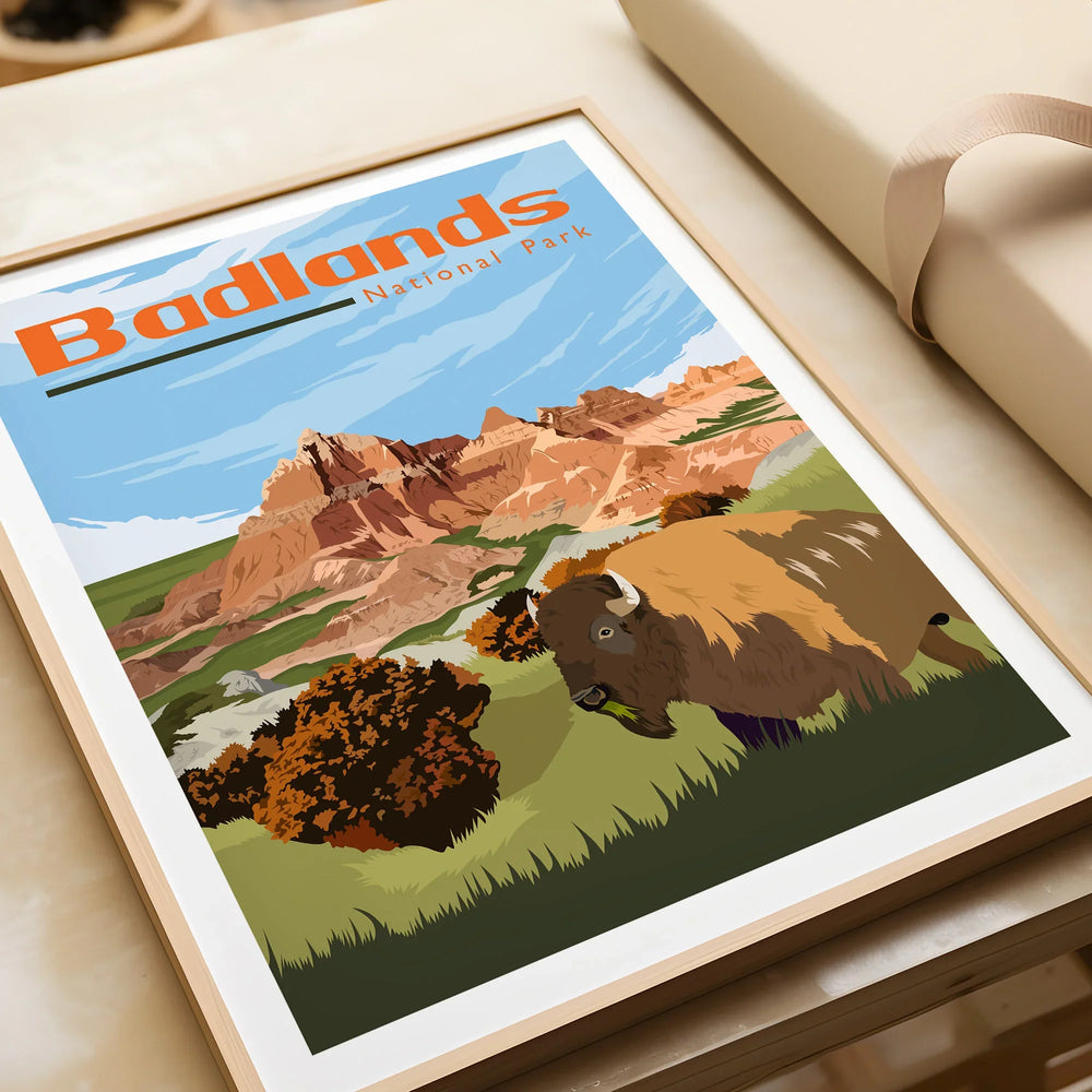 Framed Badlands National Park art print with bison and scenic rock formations, unwrapped gift