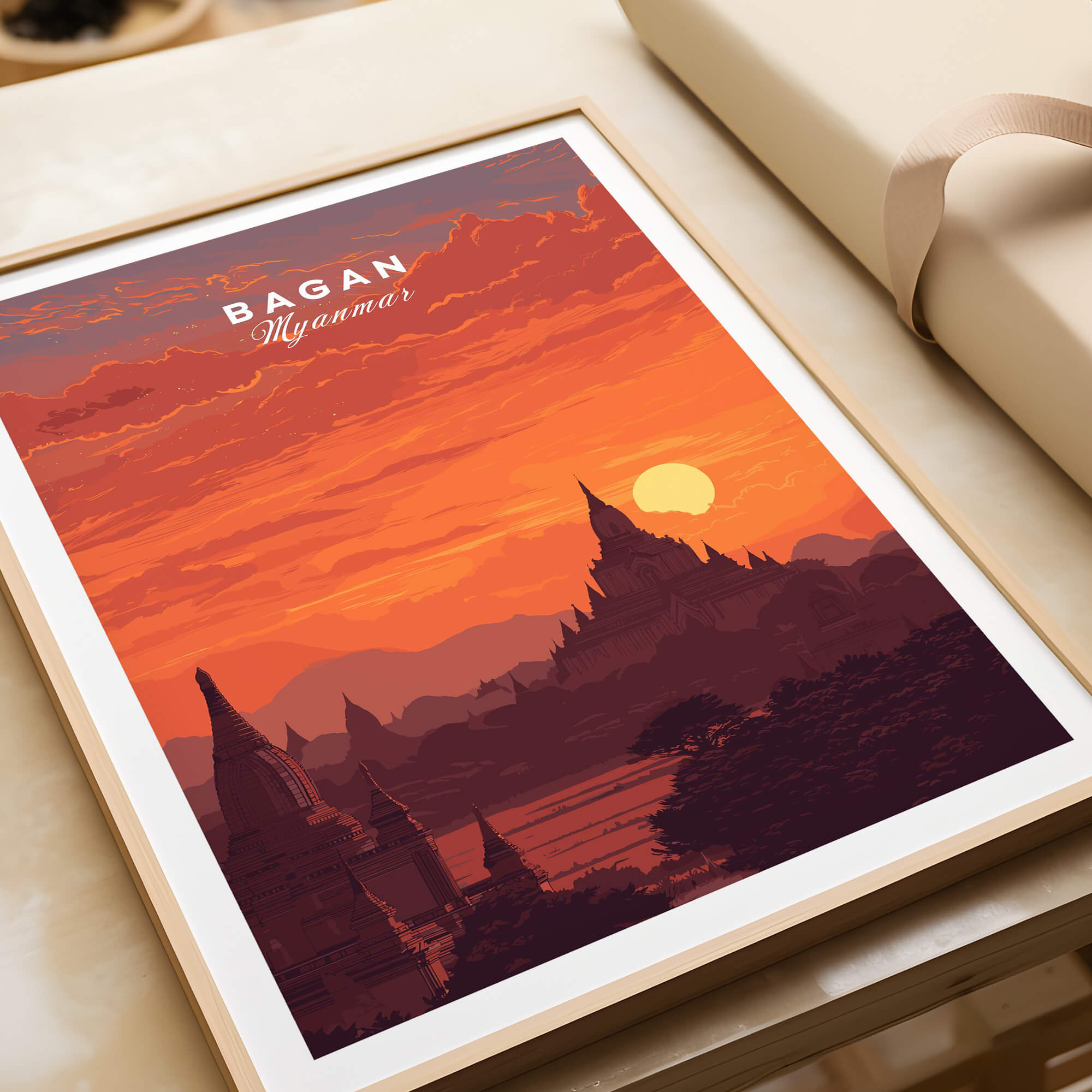 Bagan Travel Poster – Myanmar Ancient Temple Sunset Art showcasing stunning sunset over ancient pagodas.