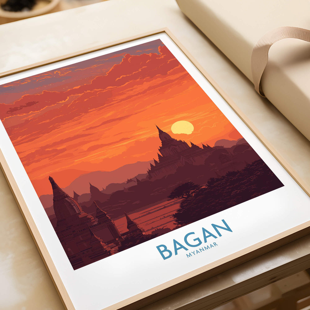 Bagan Myanmar Wall Art – Buddhist Pagoda Skyline Canvas Print, showcasing golden pagodas at sunset.