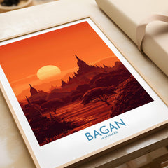 Bagan Myanmar Print – Traditional Pagoda Wall Art featuring a picturesque sunset over Bagan's iconic pagodas.