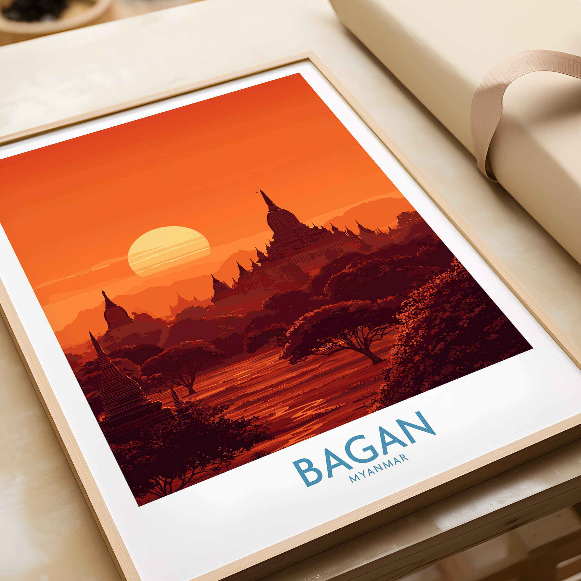 Bagan Myanmar Print – Traditional Pagoda Wall Art featuring a picturesque sunset over Bagan's iconic pagodas.
