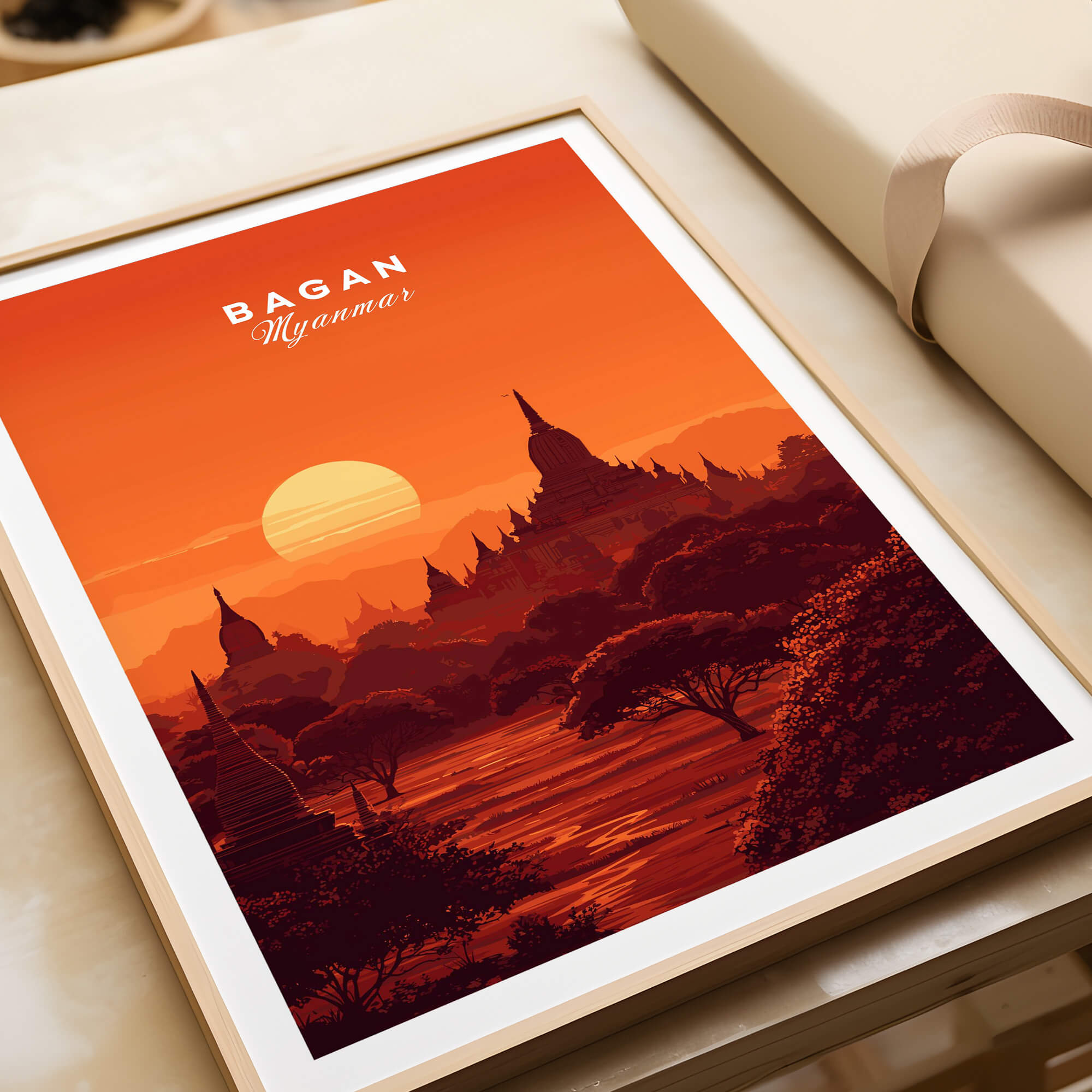 Bagan Travel Poster – Minimalist Temple Wall Art featuring a sunset over Bagan's iconic pagodas and landscape.