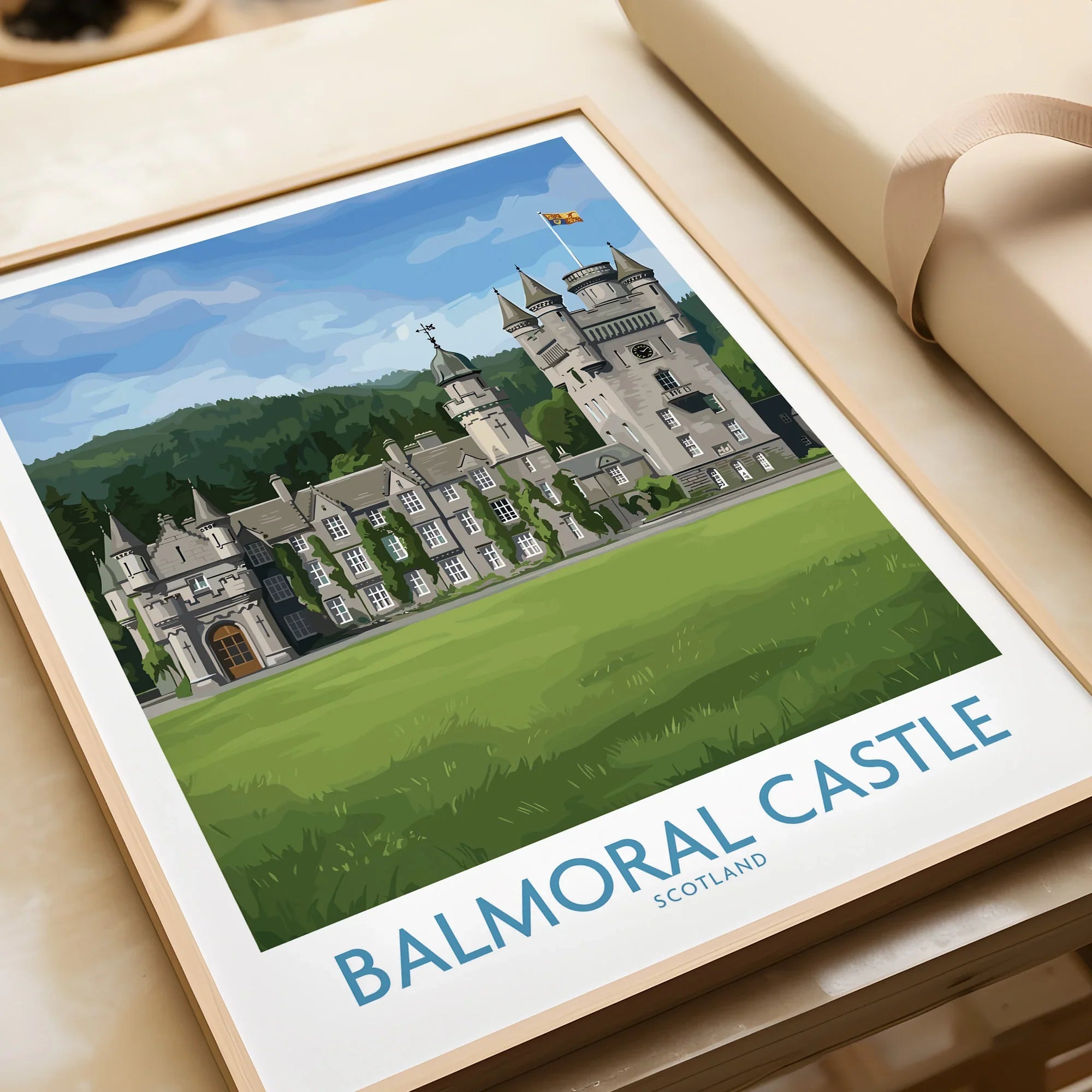 Framed Balmoral Castle art print closeup, Scotland travel poster, unwrapped gift