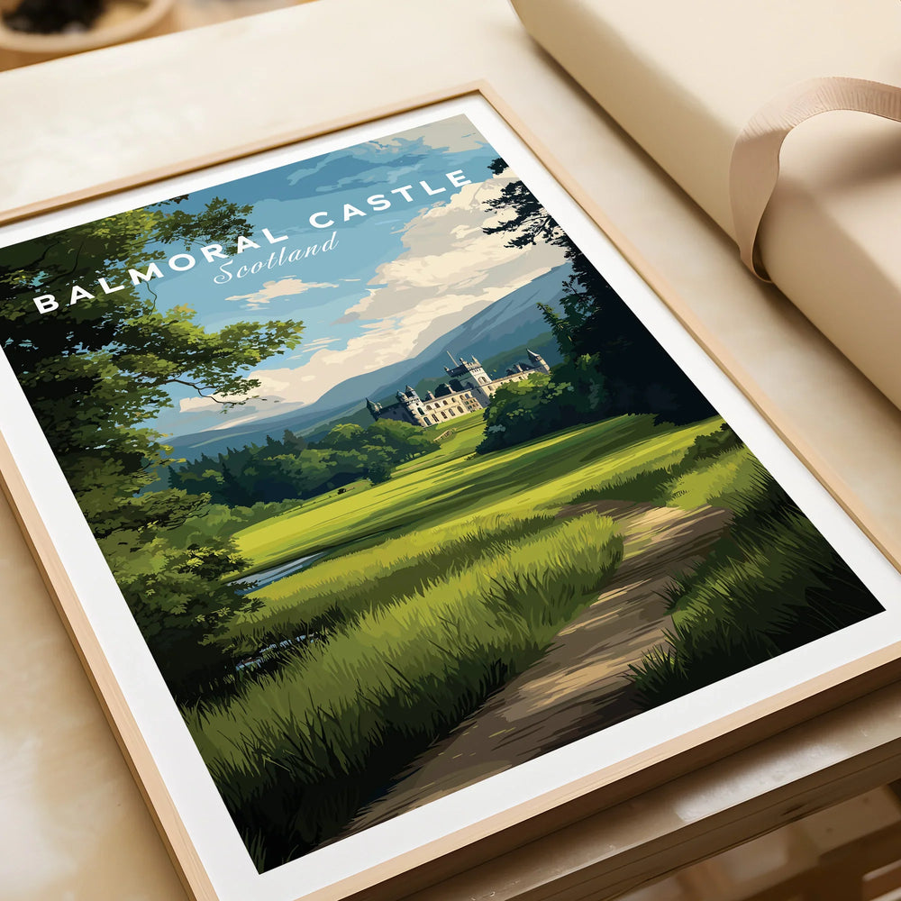 Framed Balmoral Castle Scotland art print with scenic landscape, partially unwrapped gift.