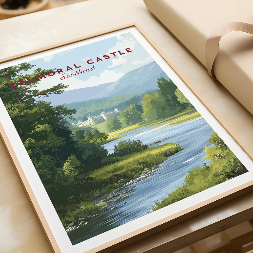 Framed Balmoral Castle Scotland art print with scenic river and lush landscape, unwrapped as a gift