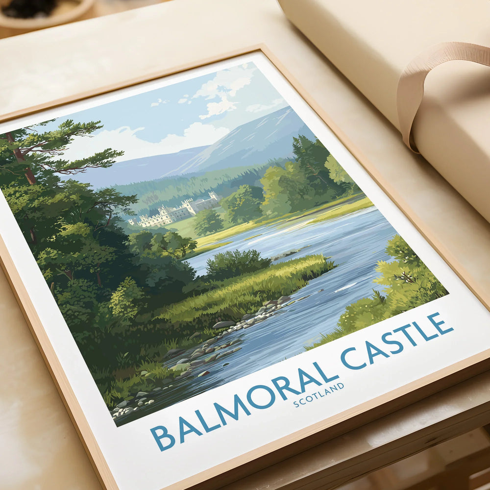 Framed Balmoral Castle Scotland travel poster with river, trees, and mountains