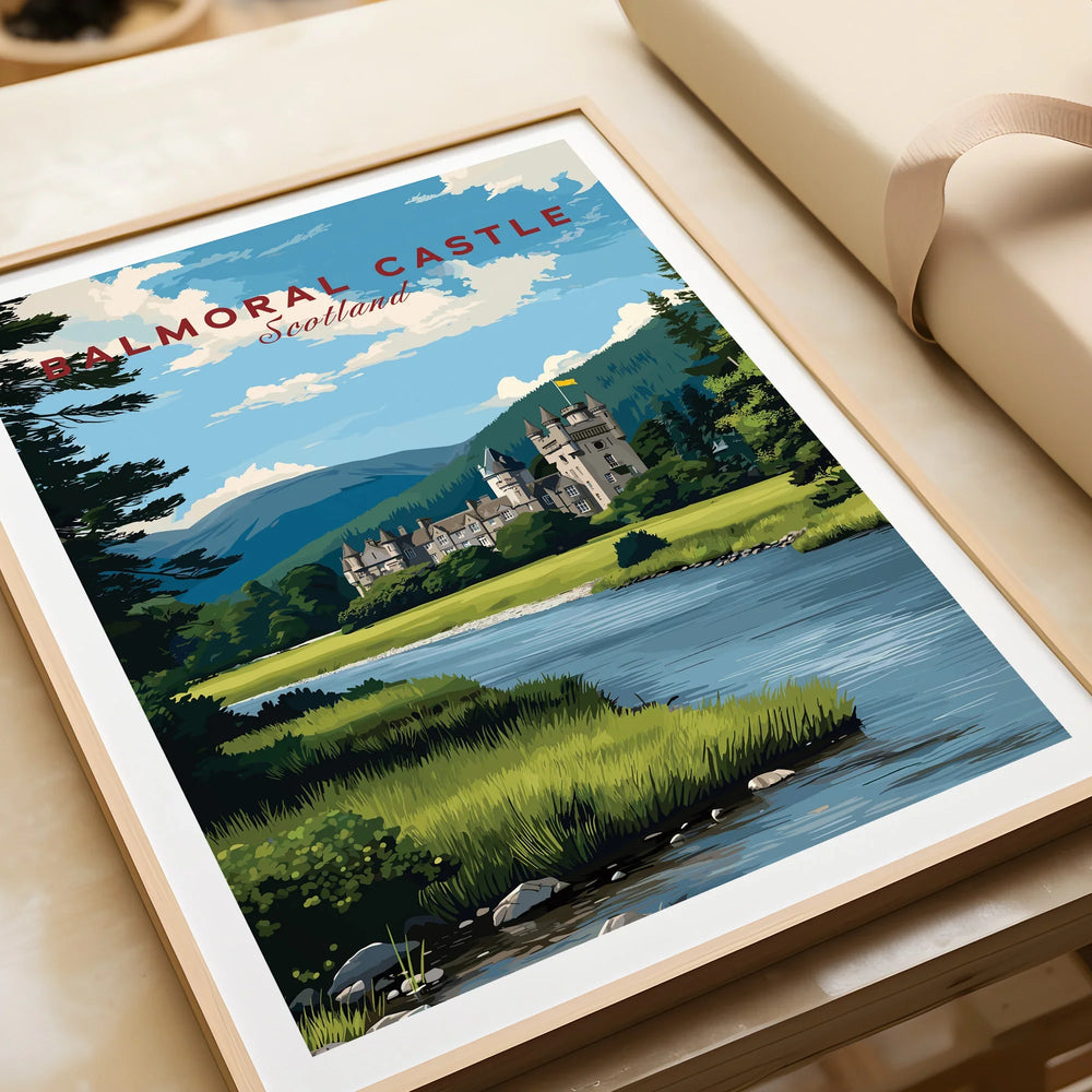 Framed Balmoral Castle Scotland travel art print close-up, unwrapped, on a table