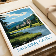 Framed Balmoral Castle Scotland art print with landscape and river, unwrapped for gifting