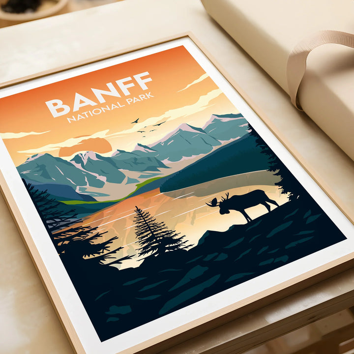 Banff National Park travel poster print with mountains, lake, sunset, and wildlife in frame