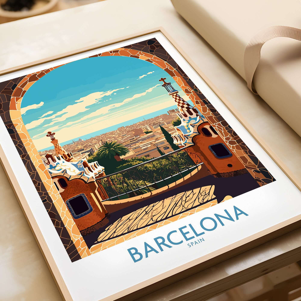 Barcelona Wall Art | Modern Style travel poster showcasing a vibrant view of Barcelona, Spain.