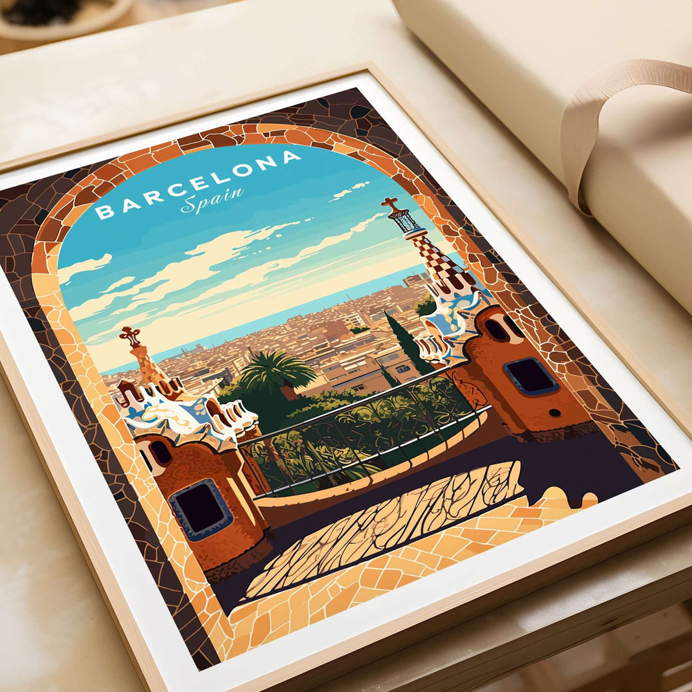 Barcelona Poster - Park Güell print featuring vibrant colors and intricate details of Antonio Gaudí's iconic park.