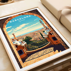 Barcelona Poster - Park Güell print featuring vibrant colors and intricate details of Antonio Gaudí's iconic park.
