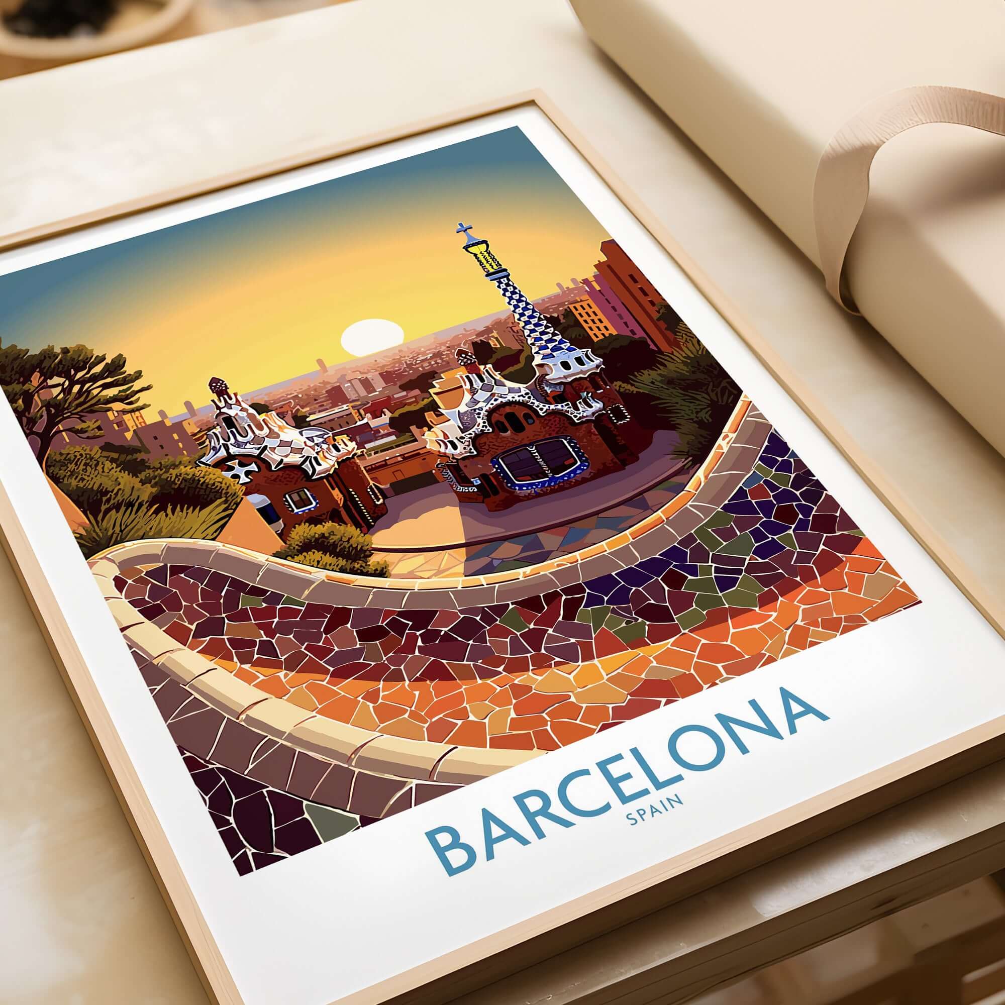 Barcelona Park Guell Poster | Modern Style featuring vibrant colors and Gaudí's iconic architecture in Barcelona.