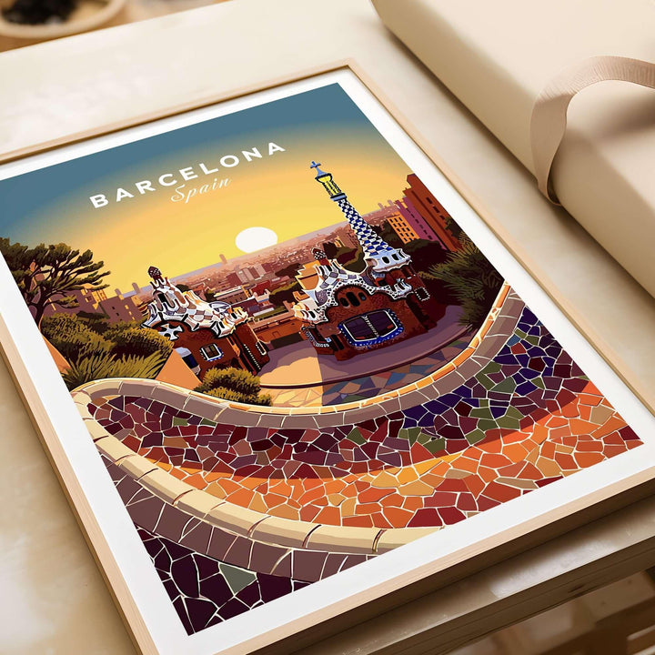 Barcelona Travel Poster Print featuring vibrant colors and iconic architecture from Spain.