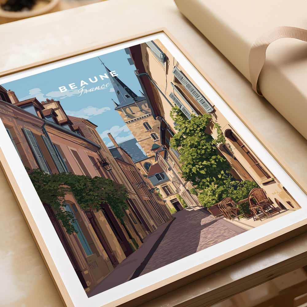 Beaune Travel Poster – Burgundy France Wall Art featuring a charming street in Beaune, France.
