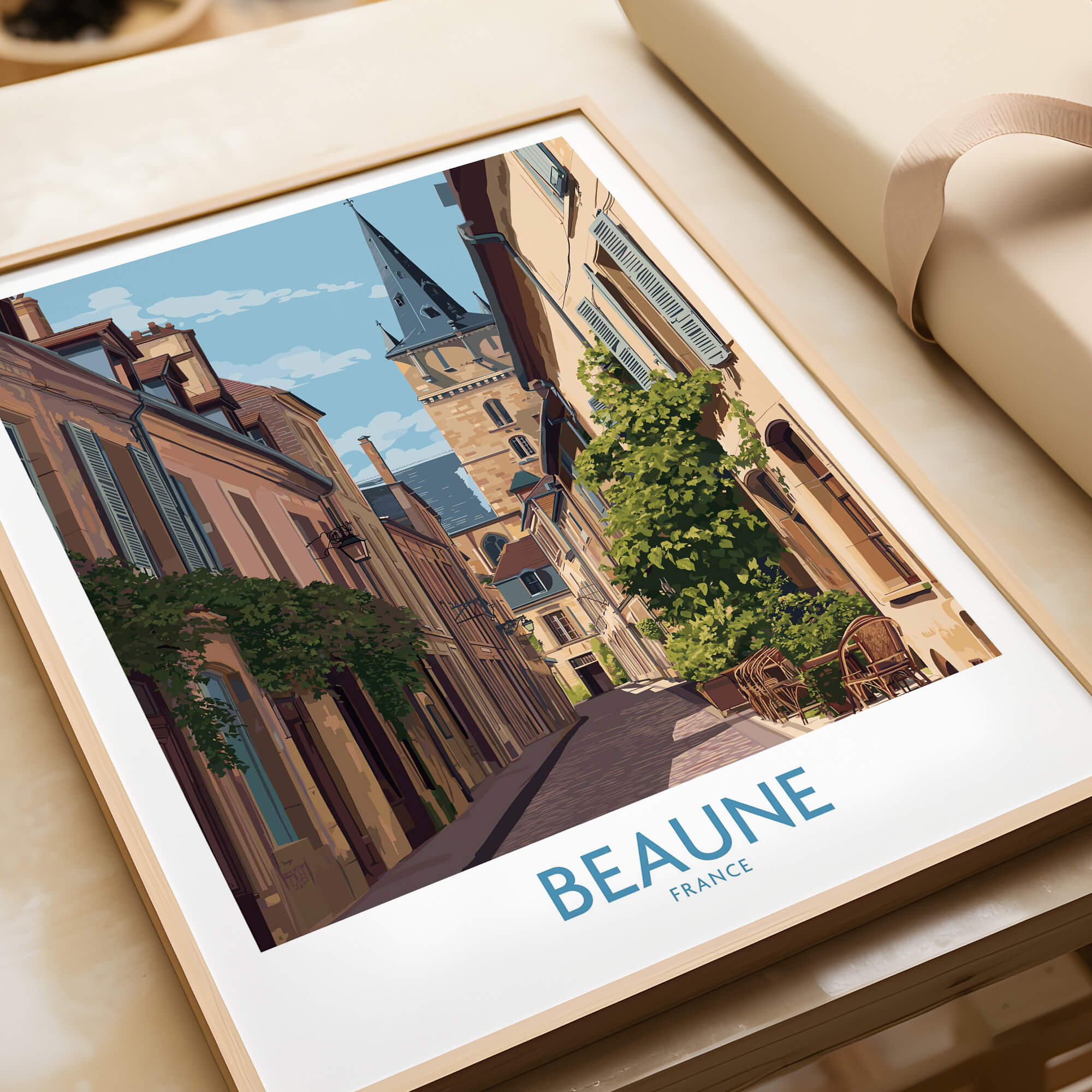 Beaune France Wall Art – Village Print showcasing a charming street in Beaune, France, framed beautifully.