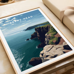 Berry Head Travel Poster – Devon Coastal Cliffs and Ocean View Print showcasing stunning Devon coastline with cliffs and ocean.