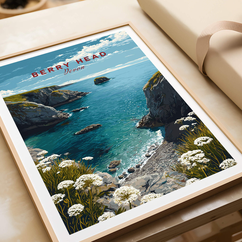 Berry Head Travel Poster – South Devon Coastline and Wildflower Art depicting the beautiful cliffs and sea.