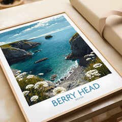 Berry Head Devon Print – Rocky Cliffs and Turquoise Sea Wall Decor displayed in a frame with coastal view.