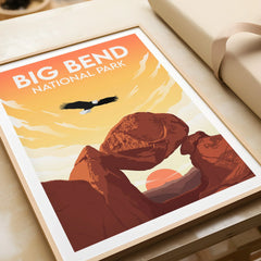 Big Bend National Park framed art print with desert sunset, eagle, and rock formations