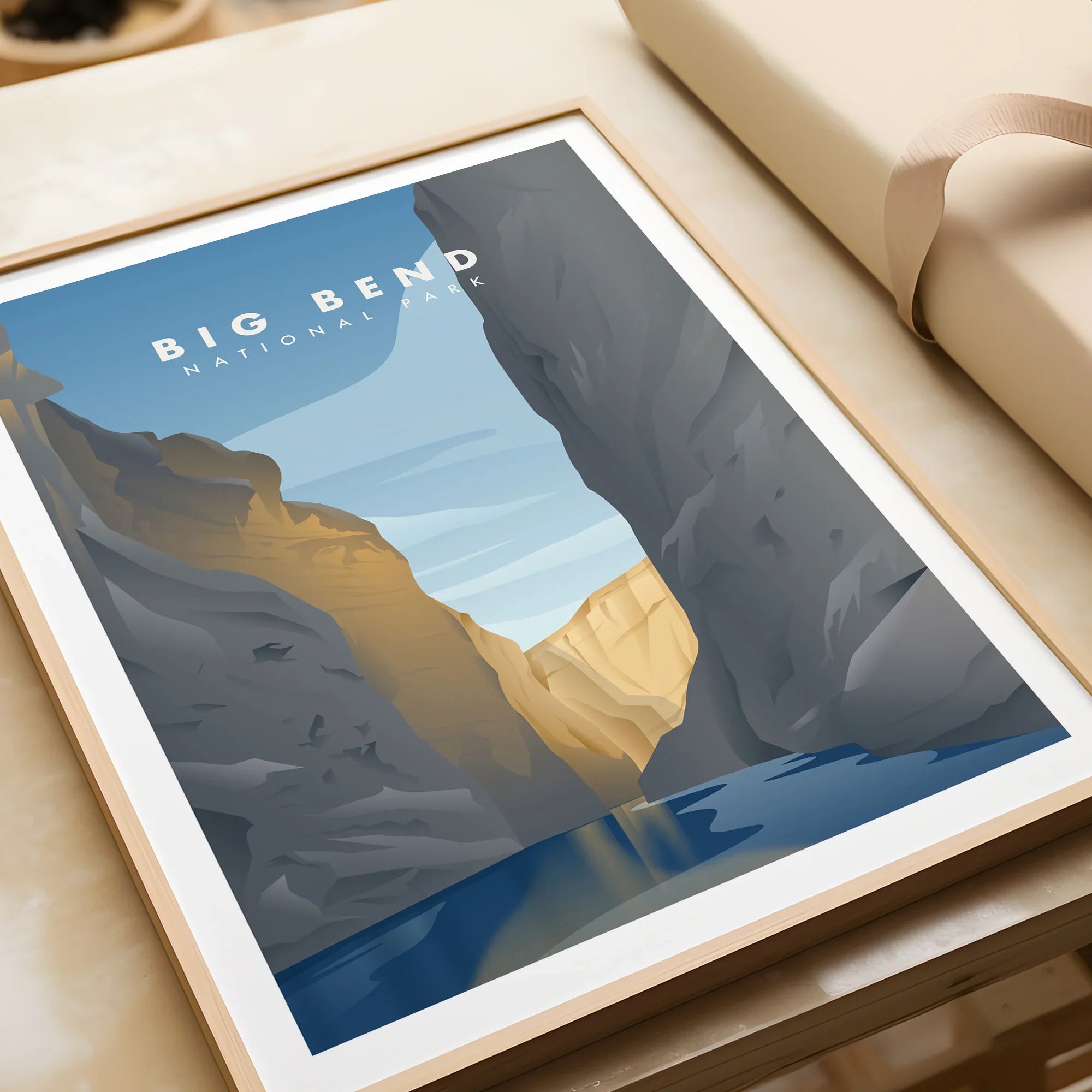 Big Bend National Park framed art print featuring canyon landscape and river illustration