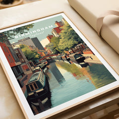 Framed Birmingham England canal art print, travel poster style, unwrapped as a gift